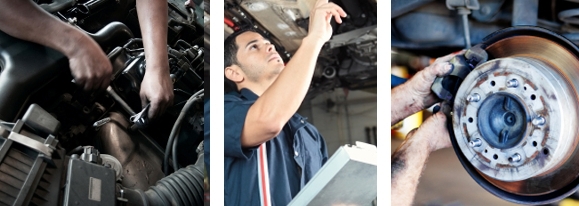 A picture of a mechanic working on an engine. 
                  A picture of a mechanic inspecting the underside of a car. 
                  A picture of a mechanic replacing a brake pad